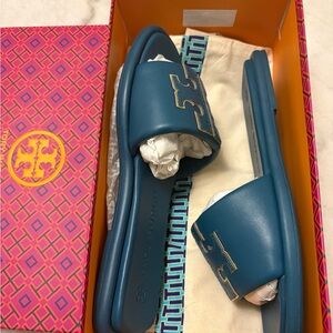 Tory Burch Teal Blue Slide Sandals with Gold Logo